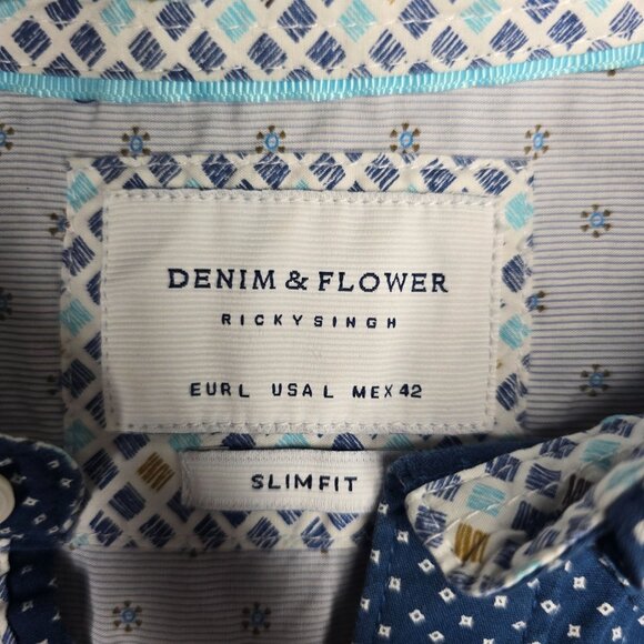 Blue polka dot Short Sleeve Button-Up Shirt Denim & Flower Slim Fit size large - Picture 4 of 4